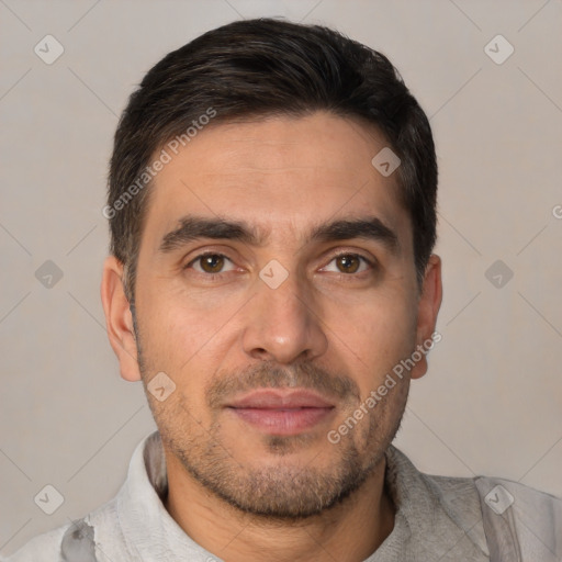 Joyful white young-adult male with short  brown hair and brown eyes