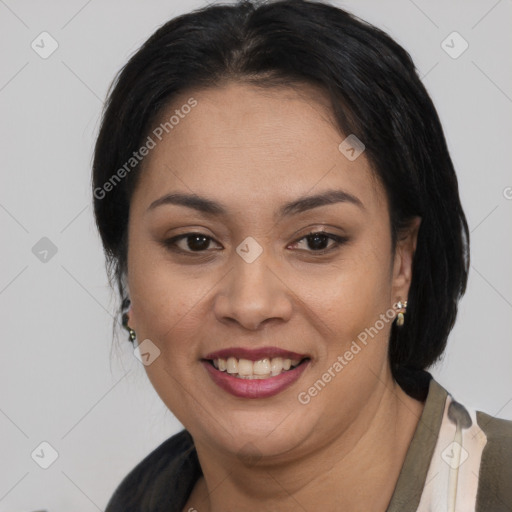 Joyful asian young-adult female with medium  black hair and brown eyes