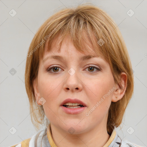 Neutral white young-adult female with medium  brown hair and blue eyes