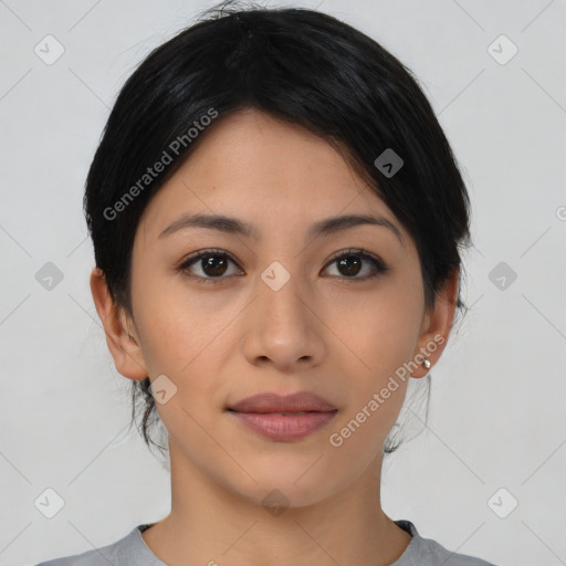 Joyful asian young-adult female with medium  black hair and brown eyes