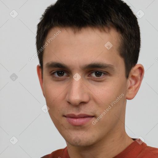 Neutral white young-adult male with short  brown hair and brown eyes