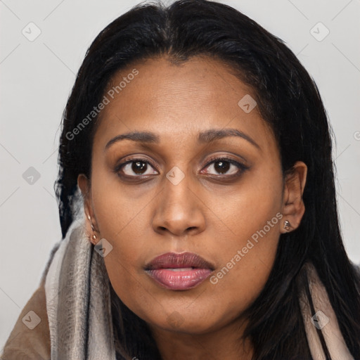 Joyful latino young-adult female with long  black hair and brown eyes