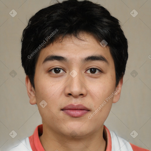 Joyful asian young-adult male with short  black hair and brown eyes