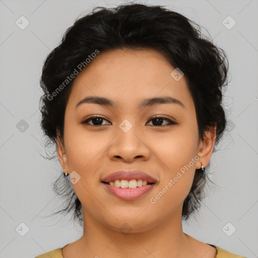 Joyful asian young-adult female with medium  black hair and brown eyes