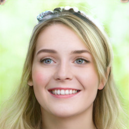 Joyful white young-adult female with long  brown hair and green eyes