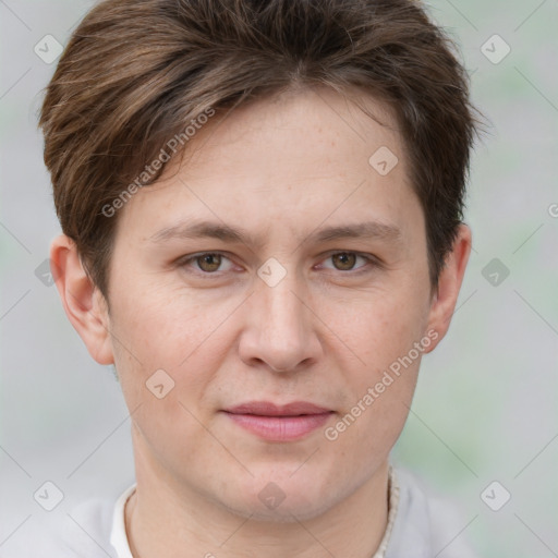 Joyful white adult female with short  brown hair and brown eyes