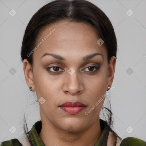 Joyful latino young-adult female with short  brown hair and brown eyes