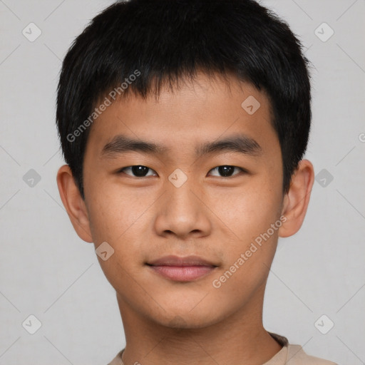 Neutral asian young-adult male with short  brown hair and brown eyes