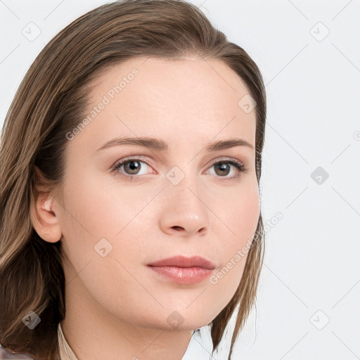 Neutral white young-adult female with long  brown hair and grey eyes