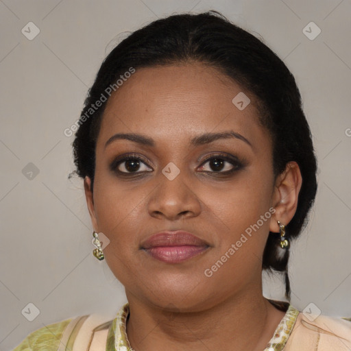 Joyful black young-adult female with medium  brown hair and brown eyes