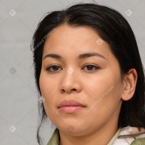 Joyful asian young-adult female with medium  black hair and brown eyes