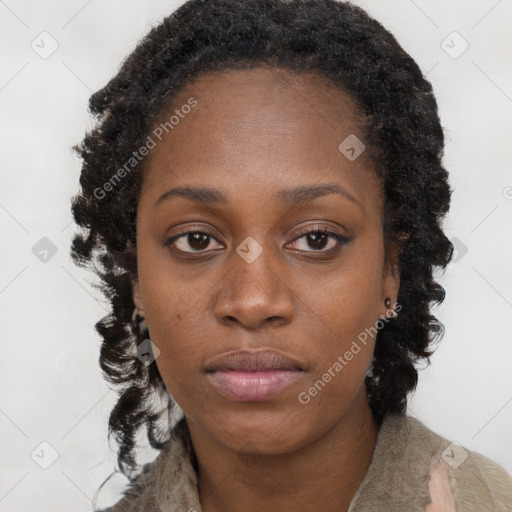 Neutral black young-adult female with long  brown hair and brown eyes