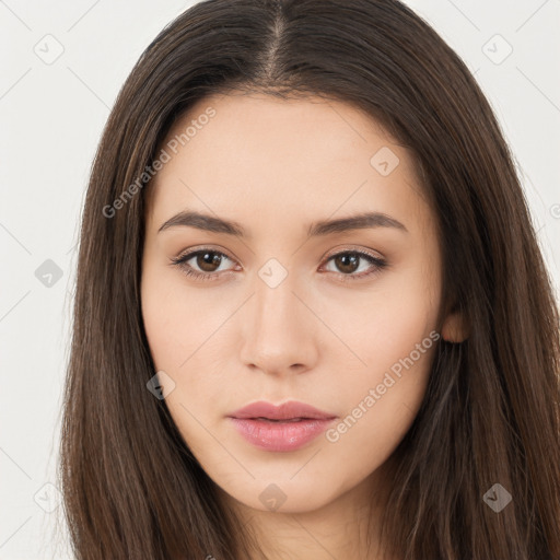 Neutral white young-adult female with long  brown hair and brown eyes