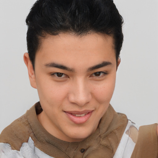 Joyful latino young-adult male with short  brown hair and brown eyes
