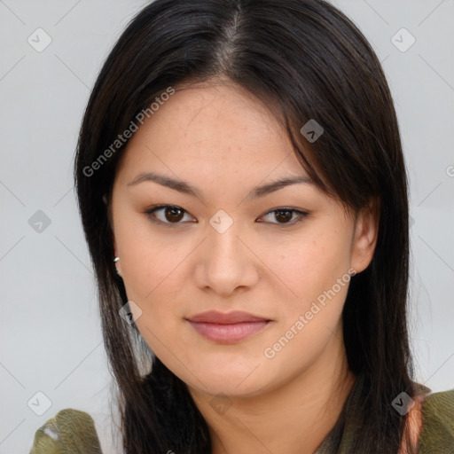 Joyful asian young-adult female with long  brown hair and brown eyes