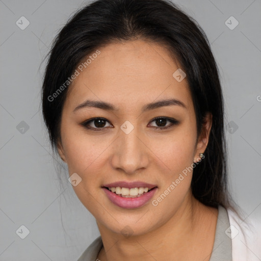 Joyful latino young-adult female with medium  brown hair and brown eyes