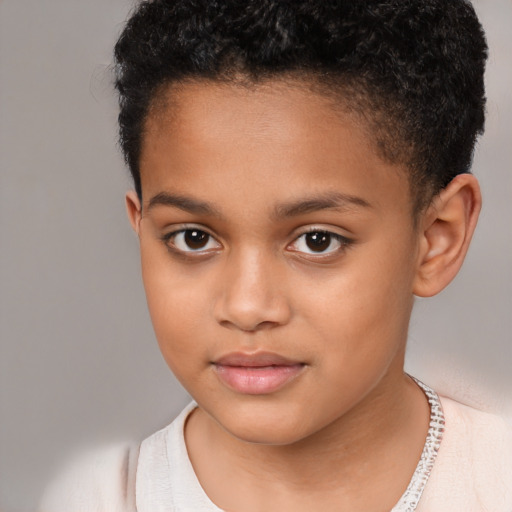 Joyful white child female with short  brown hair and brown eyes