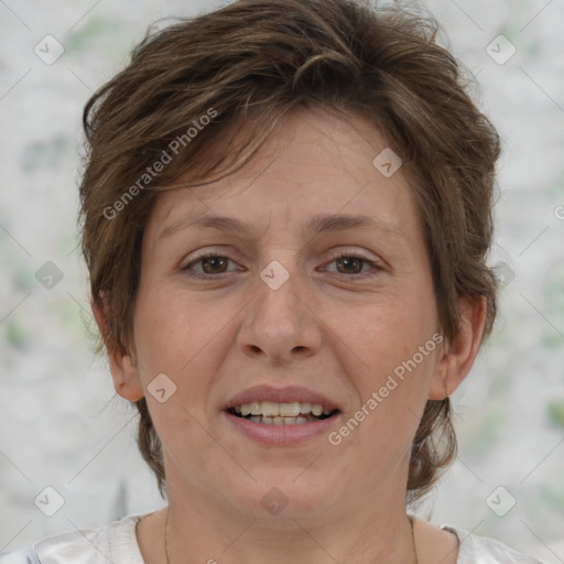 Joyful white adult female with short  brown hair and brown eyes