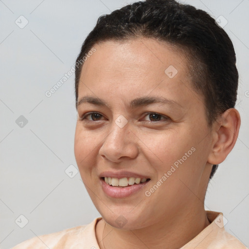 Joyful white young-adult female with short  brown hair and brown eyes