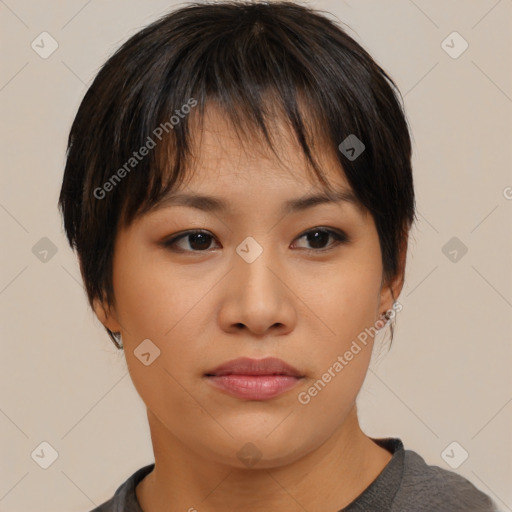 Neutral asian young-adult female with medium  brown hair and brown eyes