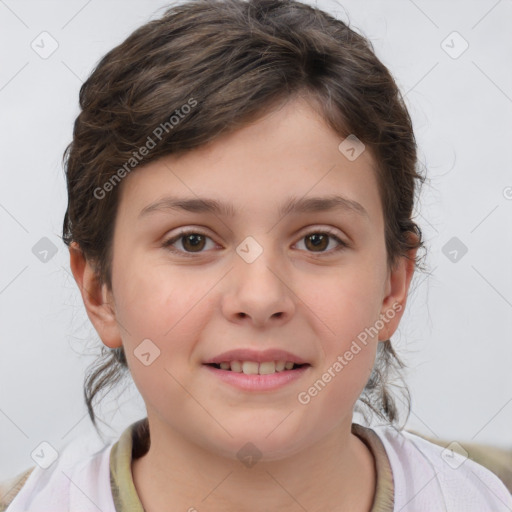 Joyful white child female with short  brown hair and brown eyes