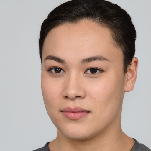 Neutral asian young-adult female with short  brown hair and brown eyes