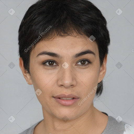 Neutral asian young-adult female with short  black hair and brown eyes