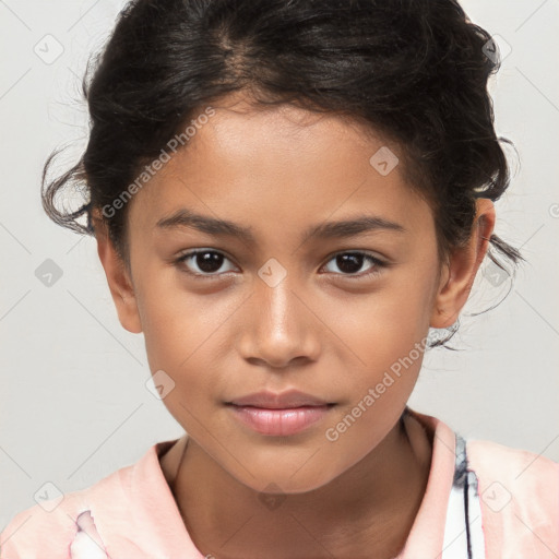 Joyful white child female with short  brown hair and brown eyes