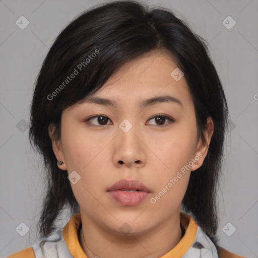 Neutral asian young-adult female with medium  black hair and brown eyes