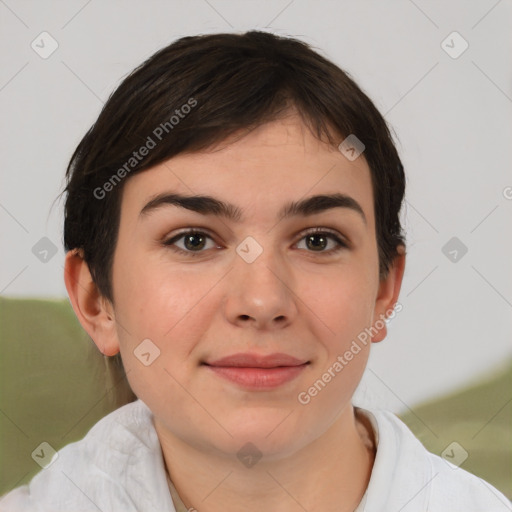 Joyful white young-adult female with medium  brown hair and brown eyes