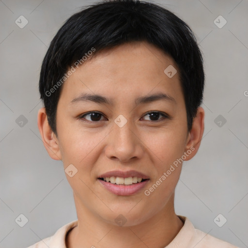 Joyful asian young-adult female with short  brown hair and brown eyes