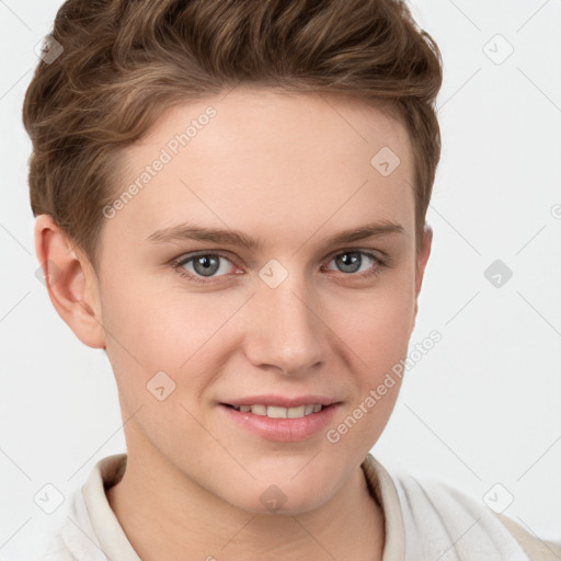 Joyful white young-adult female with short  brown hair and grey eyes