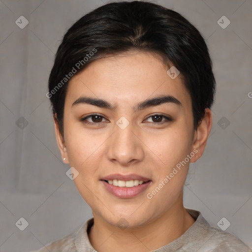 Joyful white young-adult female with short  brown hair and brown eyes