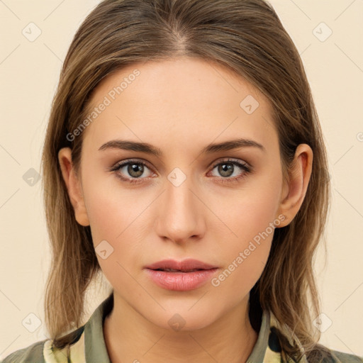 Neutral white young-adult female with long  brown hair and brown eyes