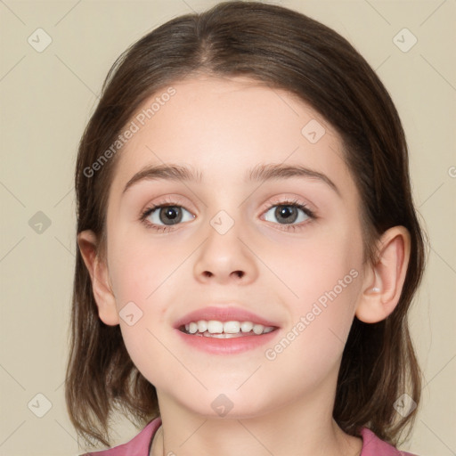 Joyful white child female with medium  brown hair and brown eyes