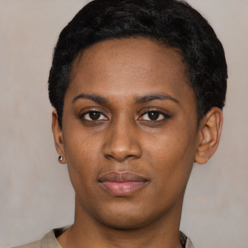 Neutral latino young-adult female with short  black hair and brown eyes