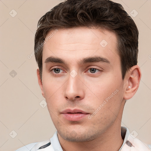 Neutral white young-adult male with short  brown hair and brown eyes