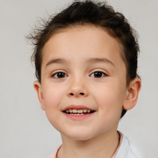 Joyful white child female with short  brown hair and brown eyes