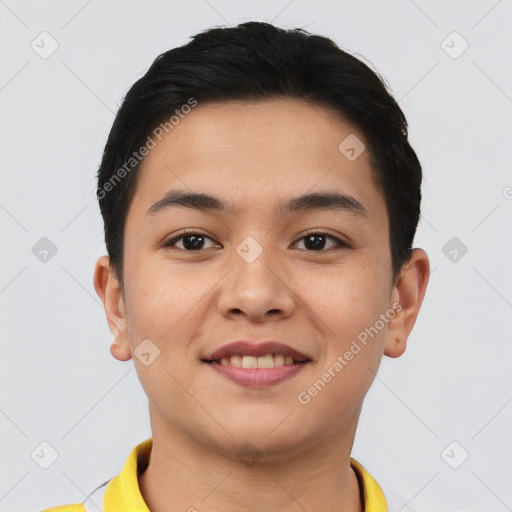 Joyful asian young-adult female with short  brown hair and brown eyes