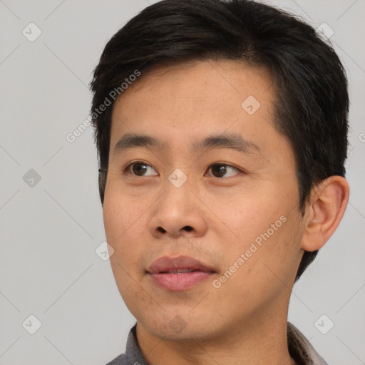 Neutral asian young-adult male with short  brown hair and brown eyes