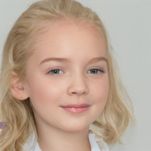 Joyful white child female with medium  blond hair and blue eyes