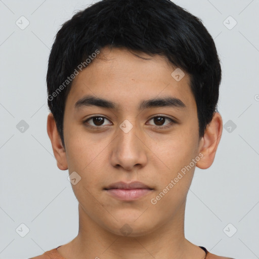 Neutral latino young-adult male with short  black hair and brown eyes