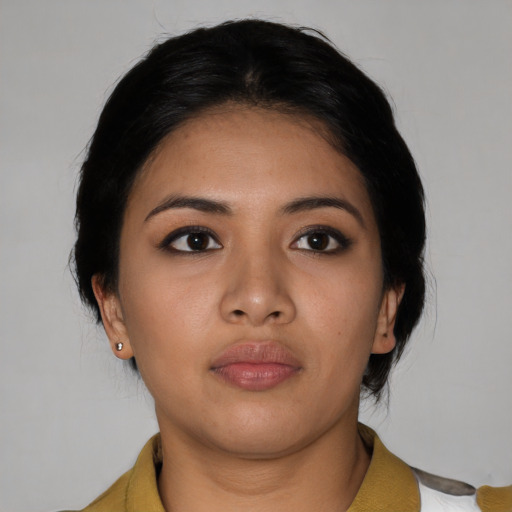 Neutral asian young-adult female with medium  black hair and brown eyes