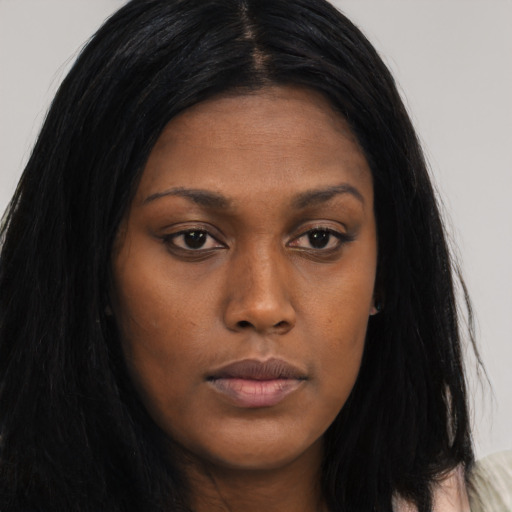 Neutral asian young-adult female with long  black hair and brown eyes