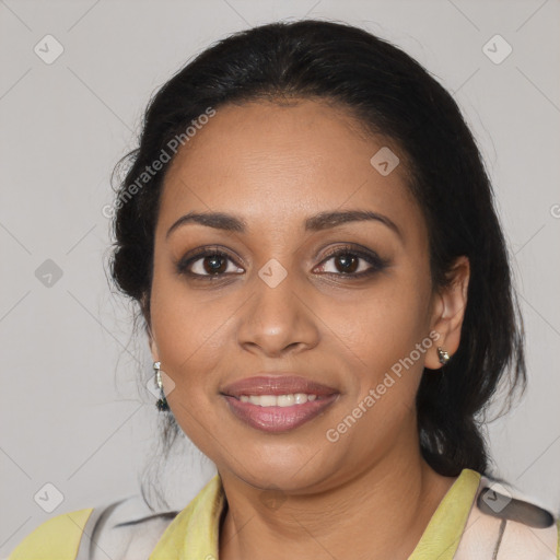 Joyful black young-adult female with medium  black hair and brown eyes