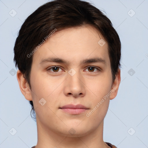 Neutral white young-adult male with short  brown hair and brown eyes