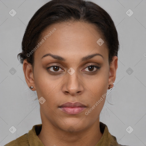 Neutral black young-adult female with short  brown hair and brown eyes