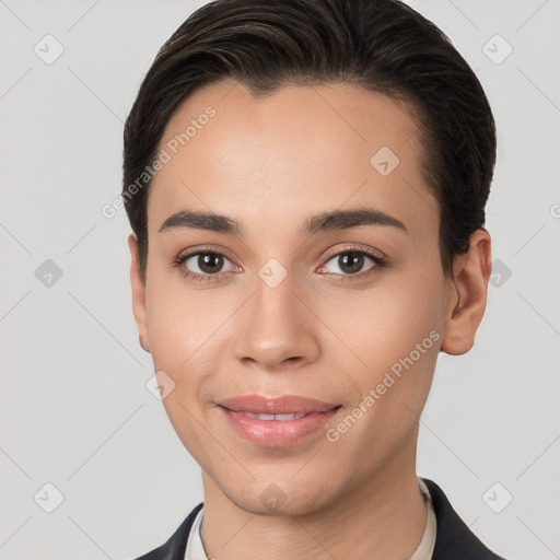 Joyful white young-adult female with short  brown hair and brown eyes