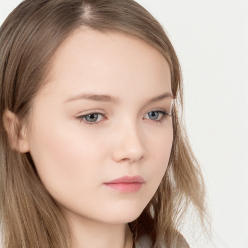 Neutral white child female with long  brown hair and grey eyes