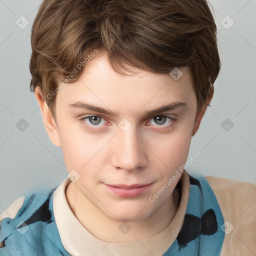 Neutral white young-adult male with short  brown hair and grey eyes